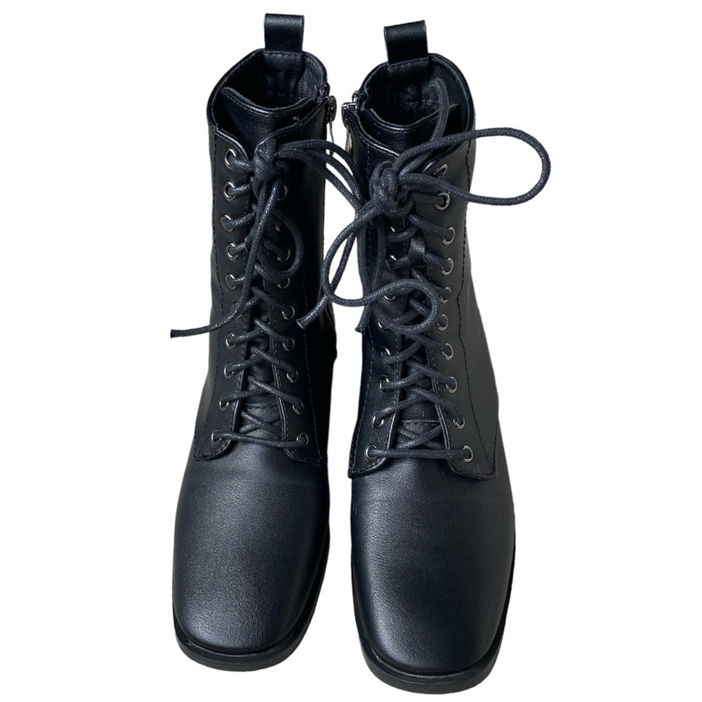 ORK TREE Lace Up Boots Square Toe Low Heel Black Calf Height Women Size 36